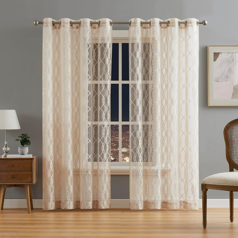 Roselius Polyester Blend Sheer Curtain Pair, Beige, 54" W x 96" L