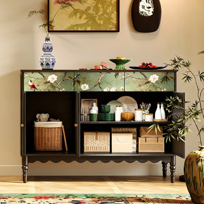 Vintage Green Branch Bird Pattern Storage Cabinet