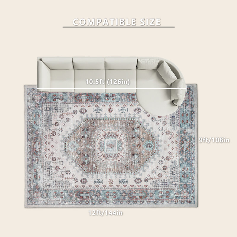 Tapis Boho Vintage Medallion, Blanc / Vert / Jaune, Rectangle 9 pi x 12 pi