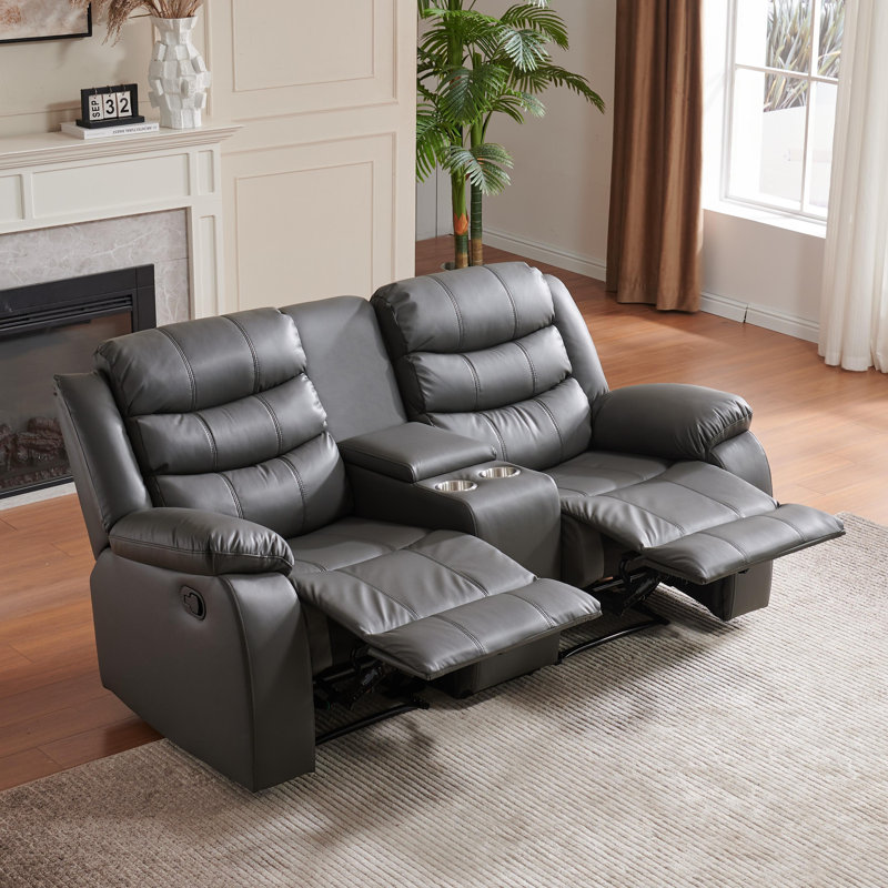 Lacreta Humes Air Leather Recliners Living Room Loveseat With Console, Gray
