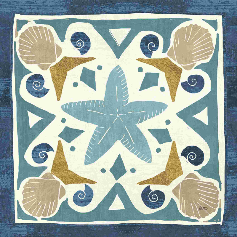«Undersea Blue Tile III» par Véronique Charron, impression sur toile tendue, H 30 po x l 30 po, Cadre photo noyer, Non