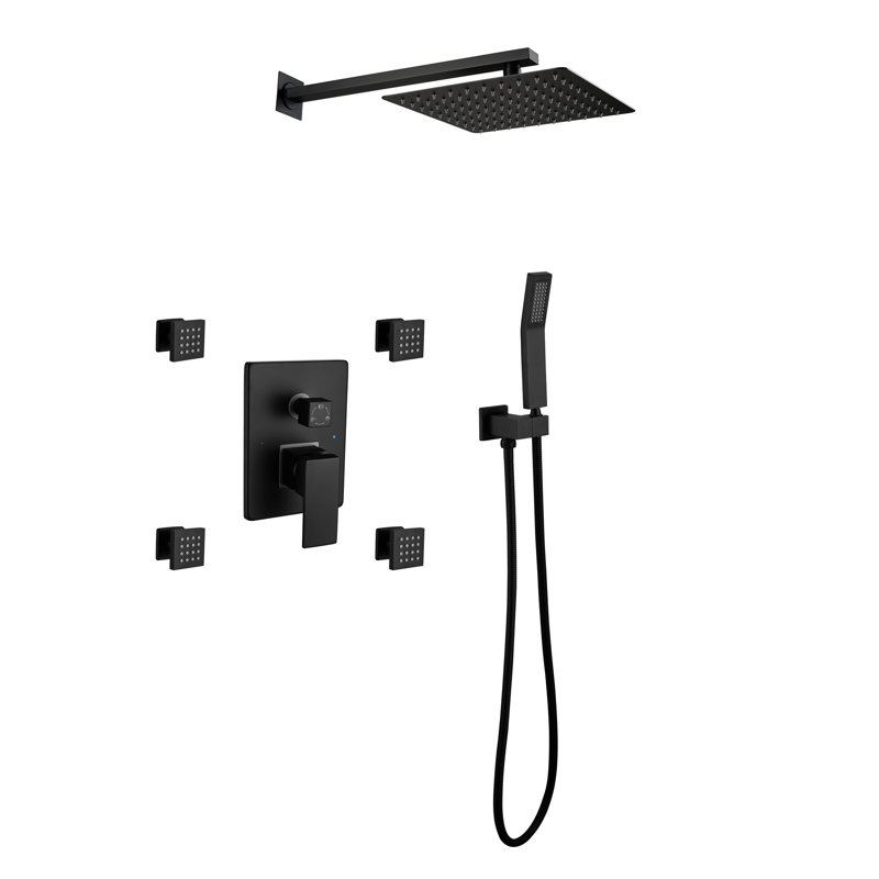 Luxury Matte Black Bathroom Shower Fixture, 10-Inch Rainfall Head, Handheld Shower, Body Jets, 3 Functions Balance Valve With