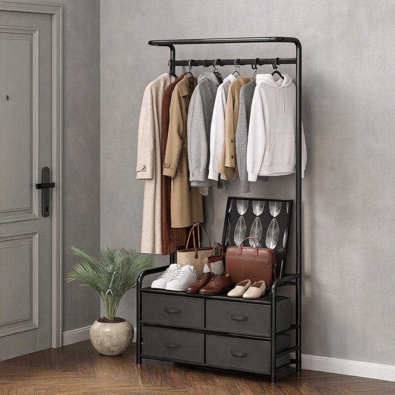 Simple Black Metal Floor-Standing Coat Rack With Built-In Shelves And Hooks; Suitable For Use In Hallways, Bedrooms, And Offices; Can Store Clothes And Bags.