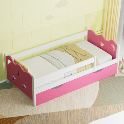 Kid's Bed Frame With Star And Moon Decorate, Wood And Bamboo Frames For Toddler Girls , 8 Slats Support, No Box Spring Needed, Easy Assembly