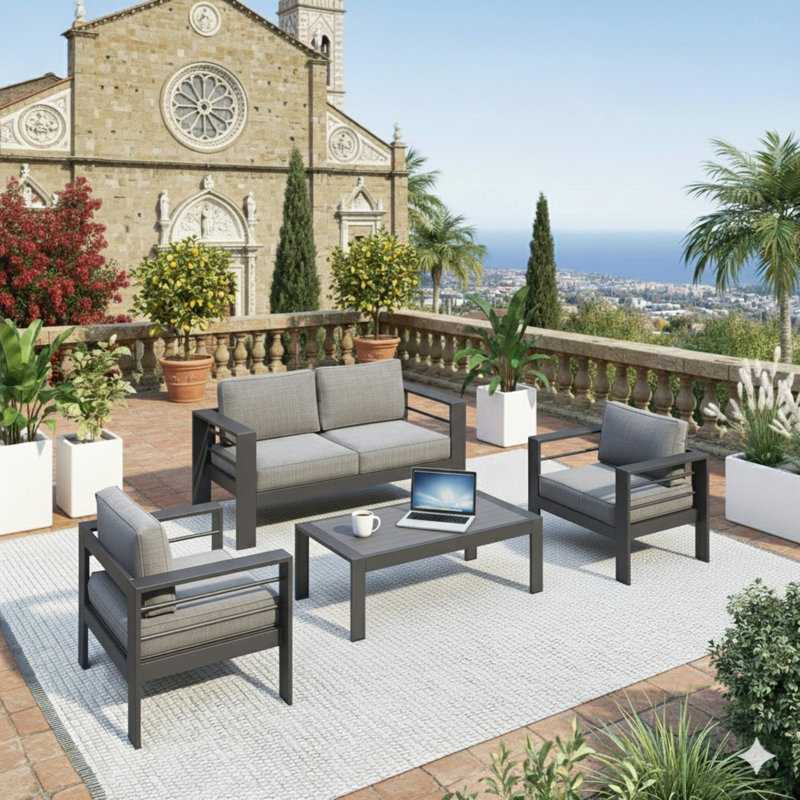Ensemble de conversation moderne en aluminium 4 pièces pour patio, canapé 4 places avec coussins épais et structure et table basse