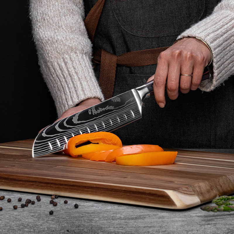 Senken Knives Senken Knives 16-Piece Imperial Collection Natural Acacia Wood Knife Block Set - Damascus Pattern Chef Knife Set, Steak Knives, Kitchen Shears - Pakka Wood Handles