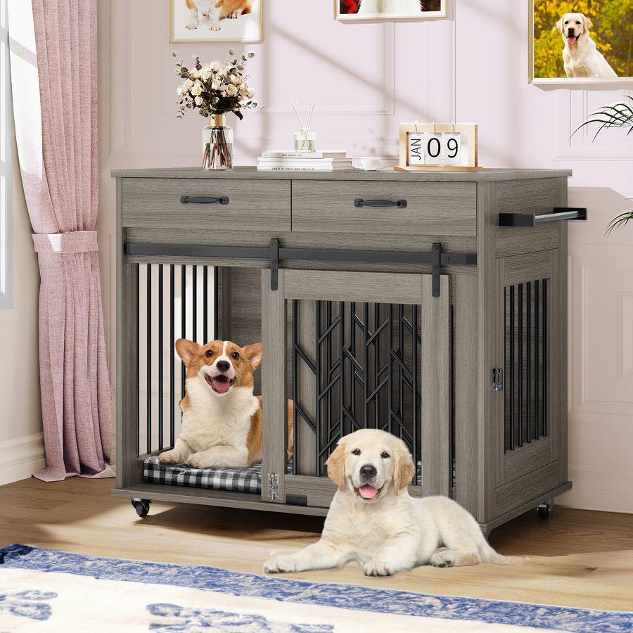 Wooden Dog Crate Furniture with Divider, Wheels, 2 Drawers