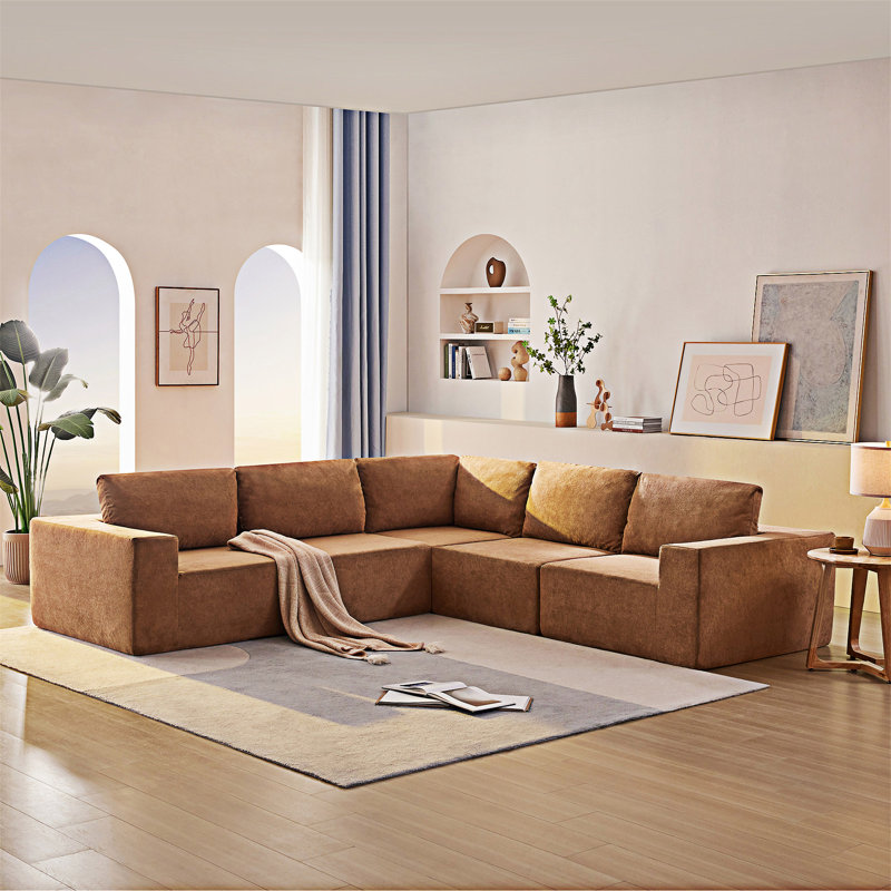 Modular Upholstered Sectional Sofa, Brown Fabric