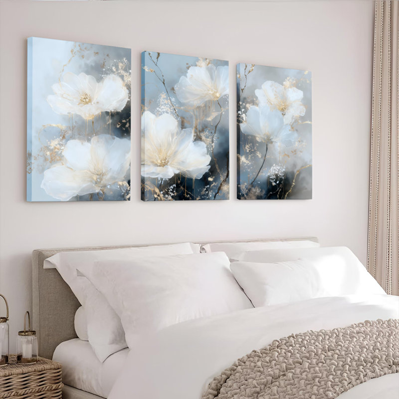 Ensemble de 3 tableaux abstraits floraux blancs sur toile tendue, pour la décoration du salon, H 18 po x l 36 po