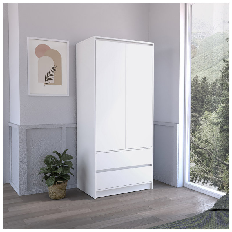 Armoire, garde-robe avec deux tiroirs, tringle, blanc, Blanc