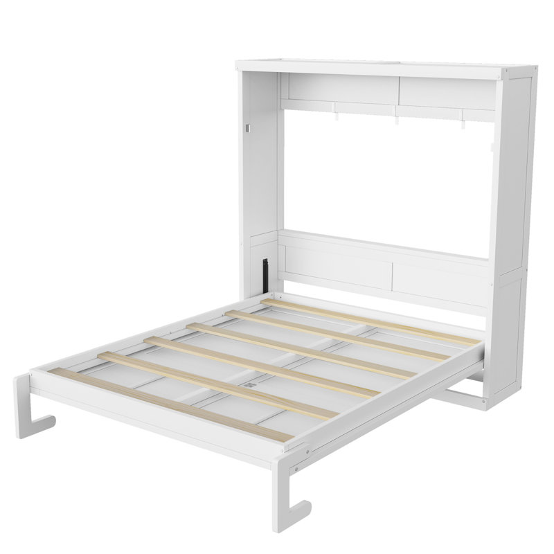 Lit escamotable gain de place, format standard, avec armoire intégrée, cadre et sommier en bois, sans sommier tapissier, blanc.