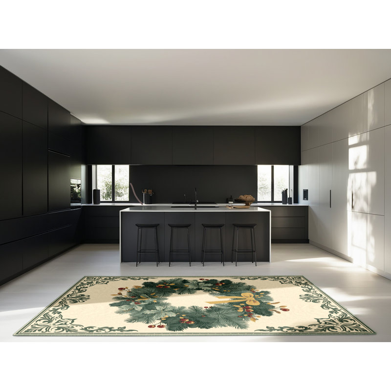 Soft Plush Feliz Christmas Modern & Contemporary Abstract Area Rug in Beige – SageGreen Binding, 3x5