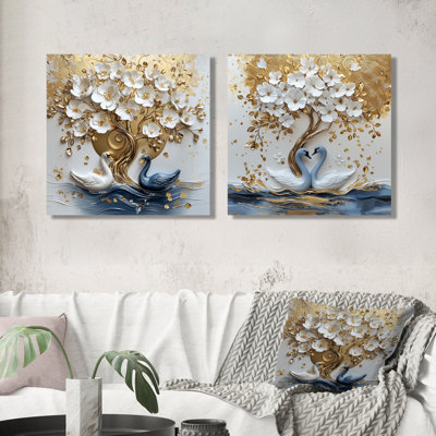 Cygnes «Love Under A» or blanc orchidée jardin jardin I - art mural fleur de cerisier - ensemble de décoration murale traditionnelle 2 pièces