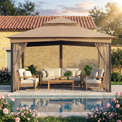 13' W x 11' D Olefin Double-Tiered Patio Gazebo with Screened Mesh Walls