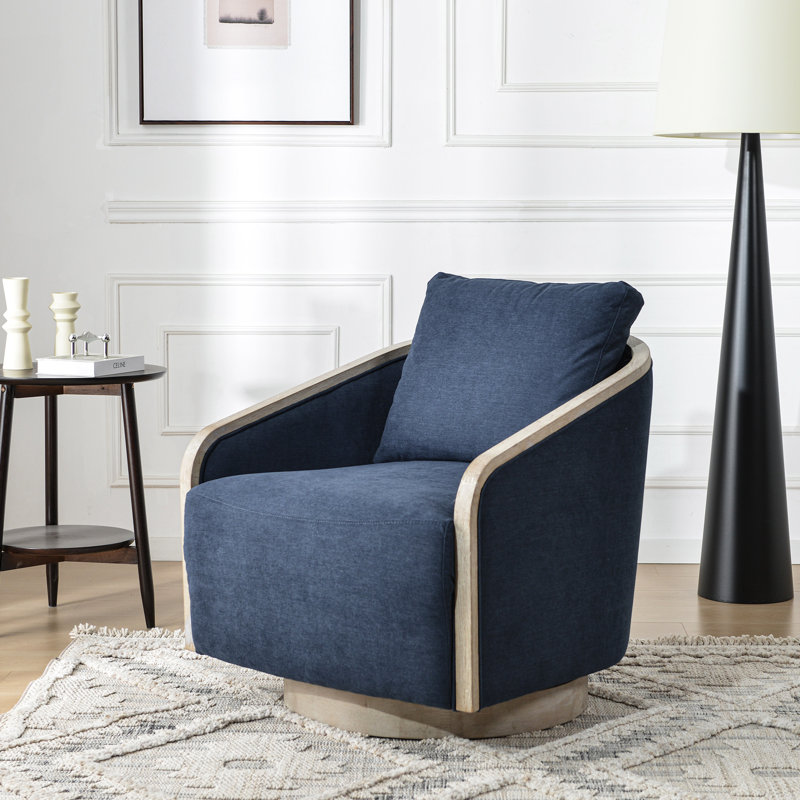 30" Wide Polyester Upholstered Swivel Barrel Chair With Wood Base, Navy