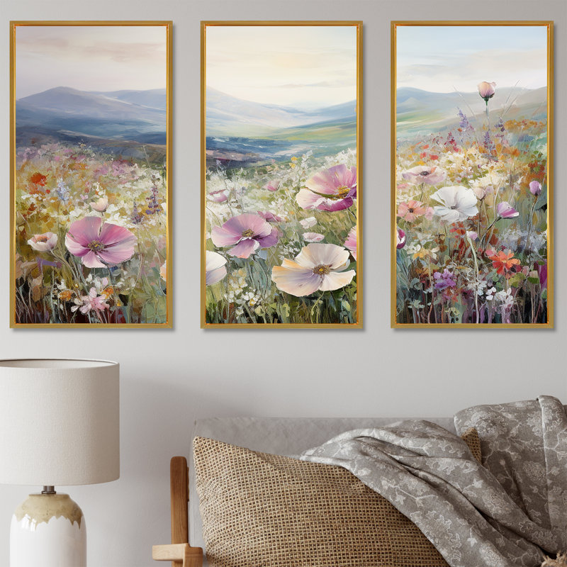 «Pink Ranunculus Field In Mountain II», ensemble de reproductions d'art mural, Cadre flottant doré