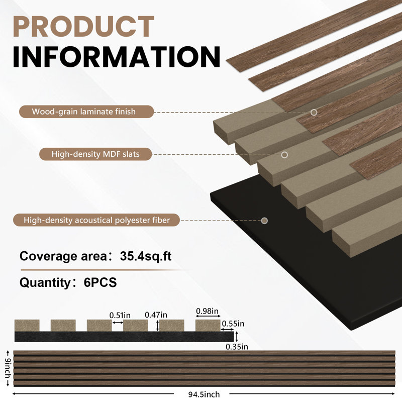 Paquet de 6 panneaux muraux à lattes en bois LooYee de 94,5 x 9 x 0,8 po noyer
