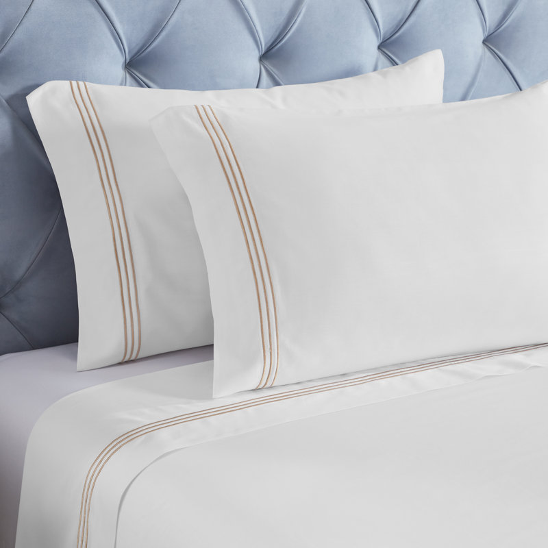 Brandon Cotton Three-Line Embroidered Deep Pocket Bed Sheet Set by Superior, Twin XL Sheet Set with 1 Pillowcase, White/Gold
