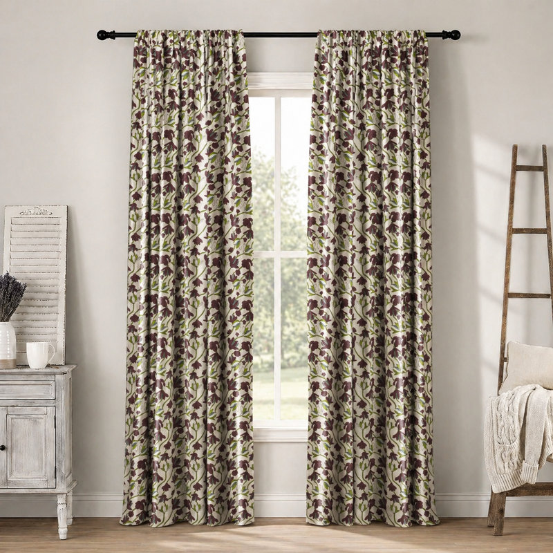 Rideau filtrant à la main avec passe-tringle en lin à motif floral avec passe-tringle - Shivri, L 54 po x L 102 po