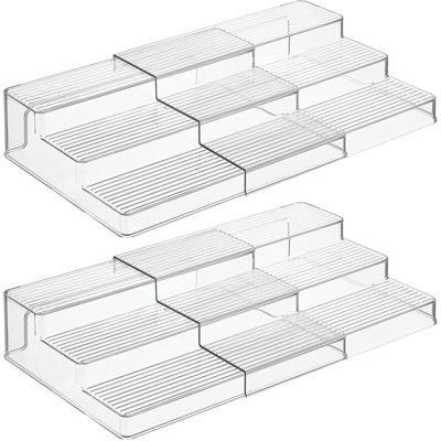 Expandable 3-Tier Kitchen Cabinet Shelf Organizer, Space-Saving Storage Rack For Spices, Food Containers, And Herb Bottles In Cupboards Or Refrigerator, Clear Plastic - 2 Pack