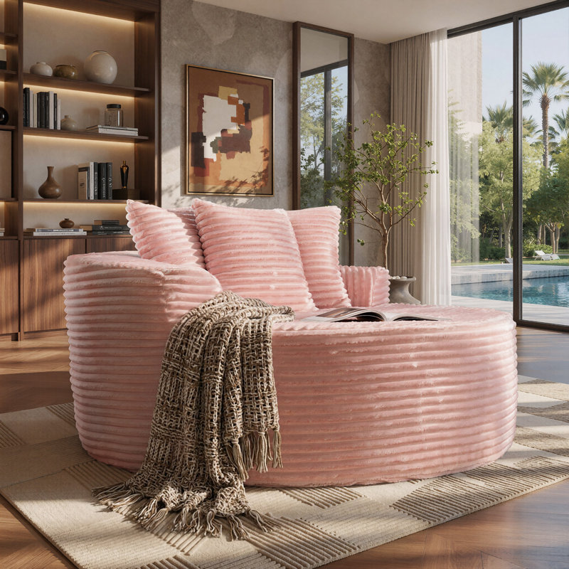 Chaise longue ronde surdimensionnée de 148 cm de large avec coussins, aucun assemblage requis, Velours côtelé rose