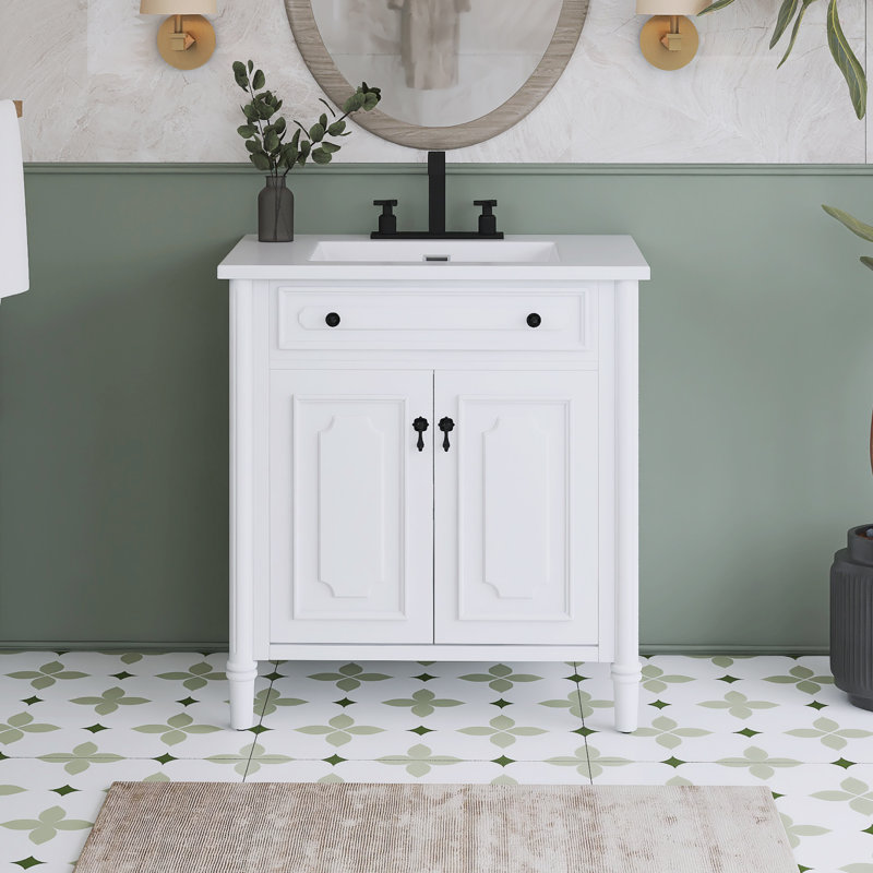 31'' Freestanding Single Sink Bathroom Vanity With Ceramic Top, White / Black