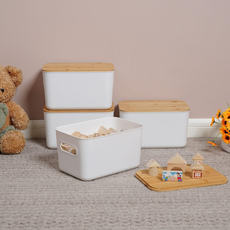 4 bacs de rangement PCS avec couvercles en bambou pour ranger des boîtes de rangement empilables avec poignée, 10,23 po x 7,08 po x 6,3 po