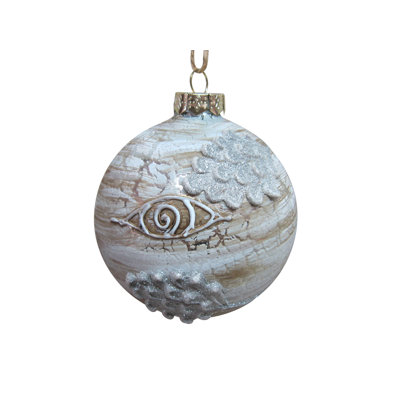 4" Birch Wood and Glitter Pine Cones Glass Ball Christmas Ornament