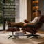 Chaise longue pivotante en cuir véritable et bois massif avec repose-pieds et accoudoirs pour le salon-1009362136