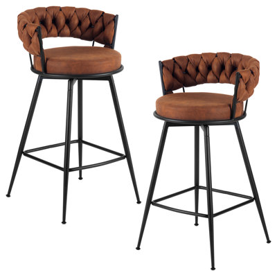 Tabouret de bar moderne en tissu de suède brun clair avec dossier tissé et tabouret à hauteur de comptoir fixe en métal noir pour cuisine