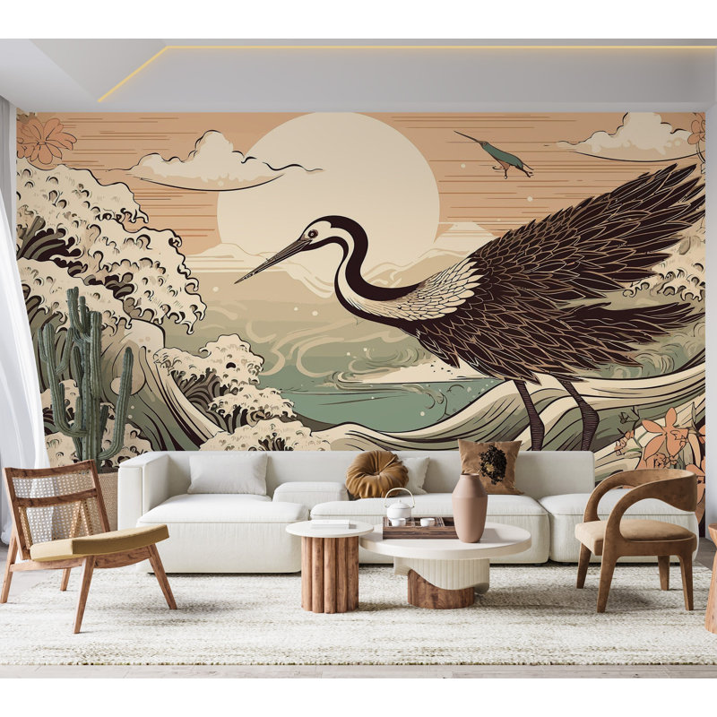 Premium Wallpaper Wall Mural - Crane Sunset Illustration, 96" L x 120" W