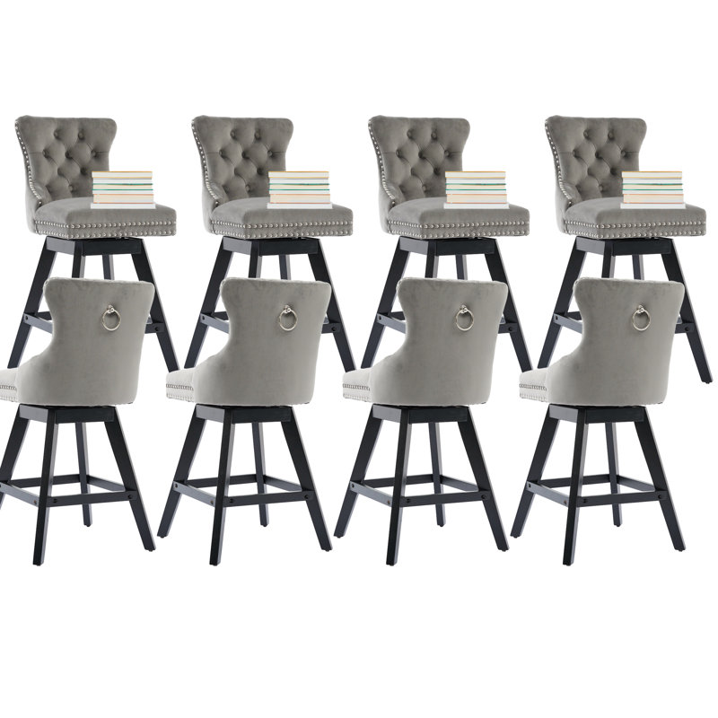 Ensemble de 8 tabourets de bar en bois touffeté et pivotant en velours, Gris