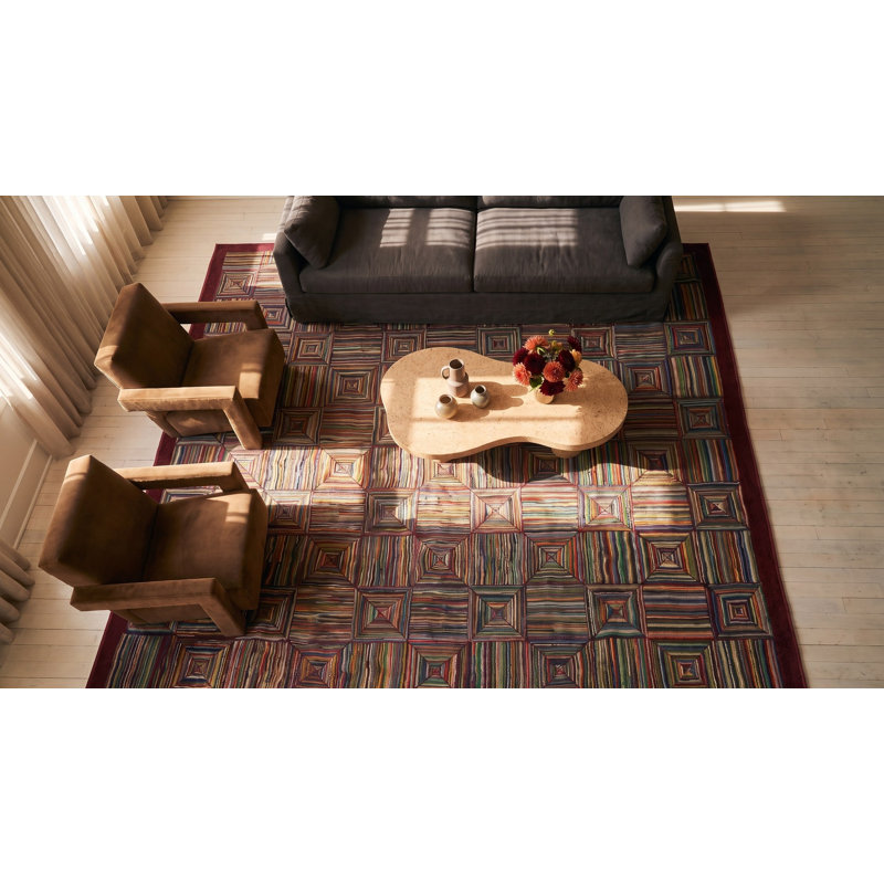 Colorful Geometric Log Cabin Squares Antique American Hooked Rug