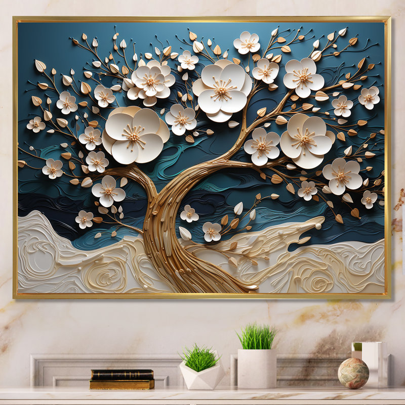 Arbre d'orchidée bleu et blanc doré de branches I - arbre, art mural, Cadre flottant doré, H 24 po x l 32 po x P 1 po