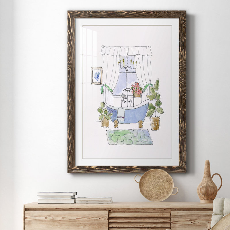 «Sketchy Bath III» - peinture encadrée, H 31,5 po x l 23,5 po x P 1,5 po, Encadré de bois de noyer