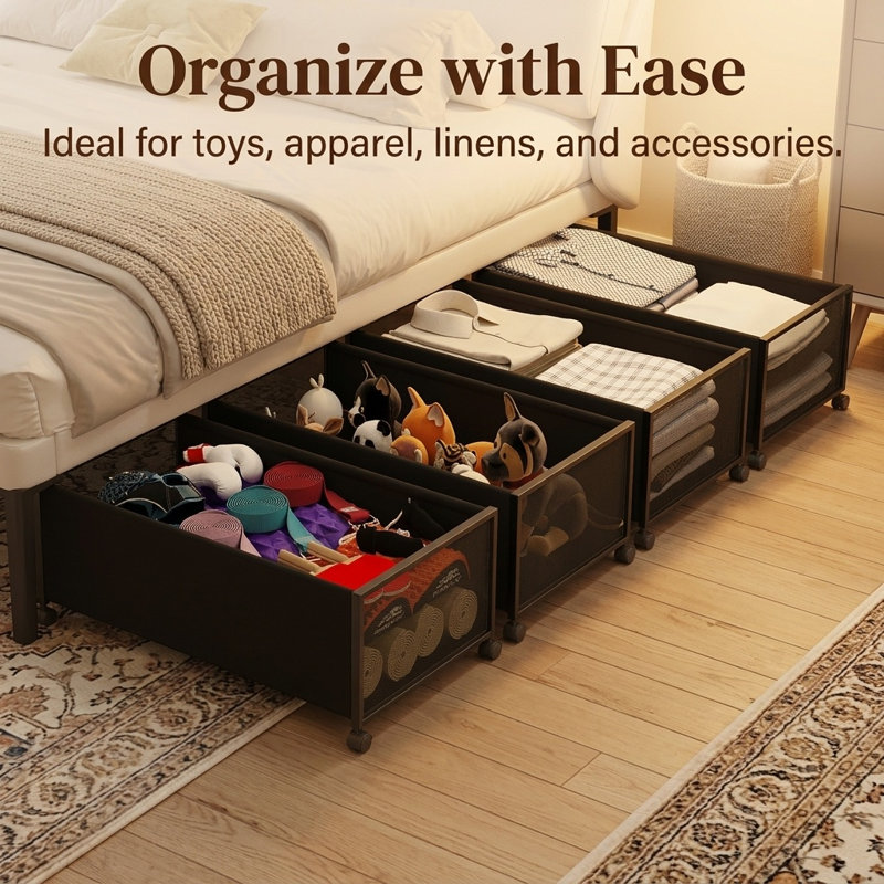 2 Pack Under Bed Storage Containers with Wheels and Lid, 12-Inch Tall Rolling Drawer for Clothes Shoes Dorm