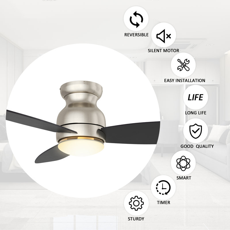 52" Alcena 3 - Blade LED Smart Flush Mount Ceiling Fans with Light, Silver/Black