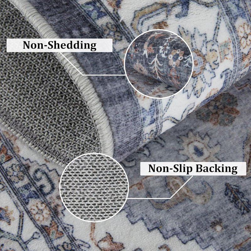 Machine Washable 2x6 Ft Vintage Floral Printed Runner Rug, Non-Slip for Hallway, Entryway, Kitchen (Gray), Runner 2' x 6'