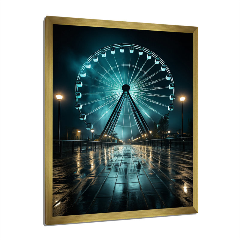 «Teal Ferris Wheel Nighttime Thrills», reproduction sur toile, H 32 po x l 16 po x P 1 po, Encadrement doré