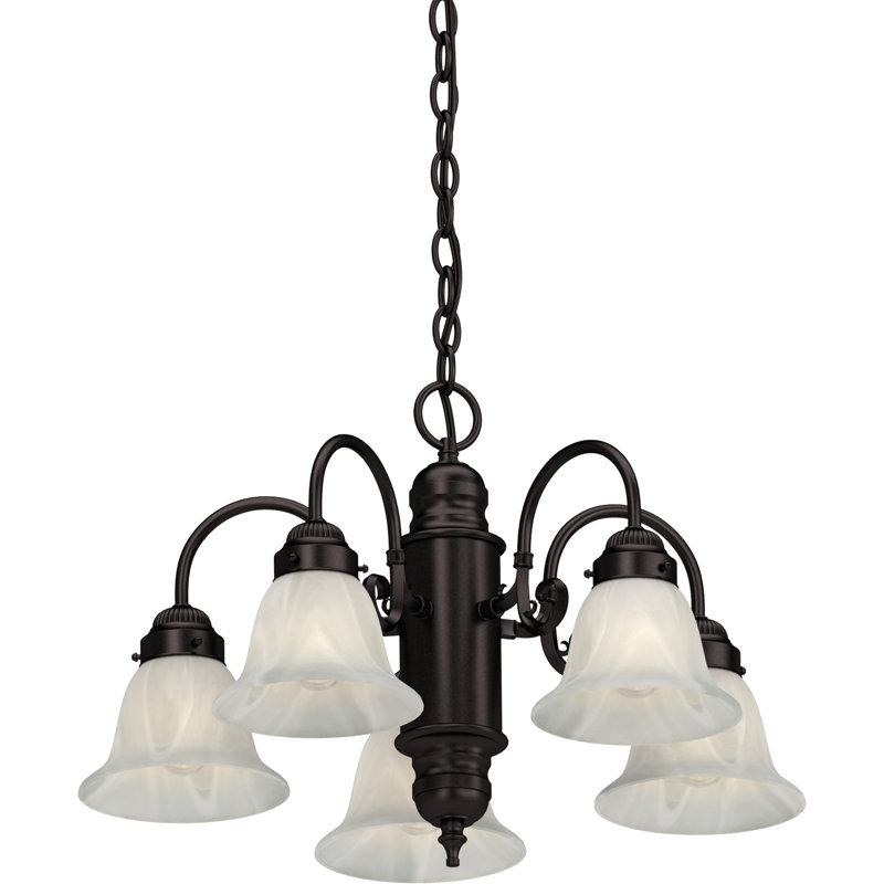  Lustre suspendu d'intérieur en bronze antique à 5 lumières avec abat-jour en verre albâtre Elefalde, Bronze Antique