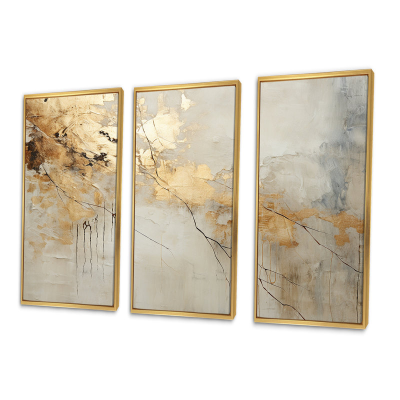 «Beige and Gold Marble Lightning VI», ensemble d'art mural formes abstraites, Cadre flottant doré, H 32 po x l 48 po x P 1 po