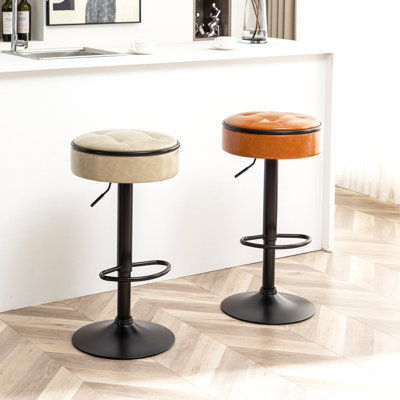 Ensemble de 2 tabourets de bar ronds avec rangement, tabouret de bar réglable en hauteur en similicuir, tabouret pivotant à 360 °, chaise de bar sans accoudoirs avec structure en métal pour comptoir de cuisine