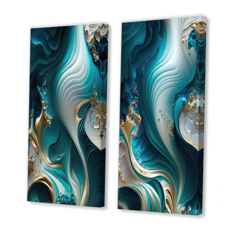 Abstract Geode Turquoise II - Abstract Marble Wall Art Set of 2 Piece, Wrapped Canvas, 40" H x 40" W