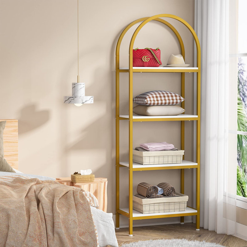 4 Layers Open Industrial Arched Bookcase Storage Rack, White/Gold