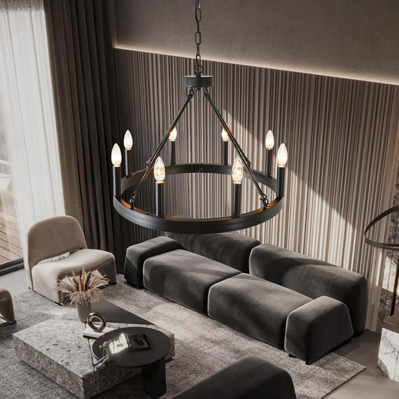 Lustre à roulettes Farmhouse avec design industriel à 8 lumières, chaînes de suspension réglables et cadre en fer rustique pour la salle à manger, le salon et le vestibule