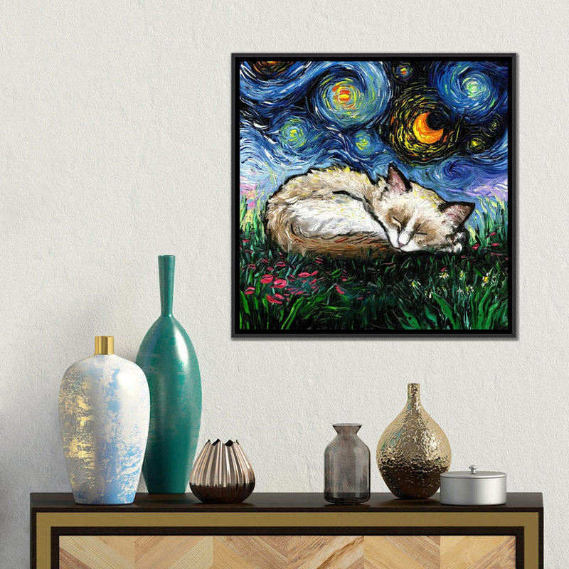 Sleepy Ragdoll Kitten Night, 18" H x 18" W x 1.5" D, No Mat, Black Floater Framed Canvas