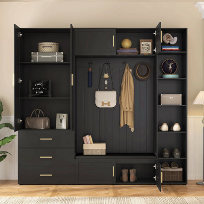 American Style 4-In-1 Hall Tree With Padded Bench, 4 Hooks, And Adjustable Storage Shelves