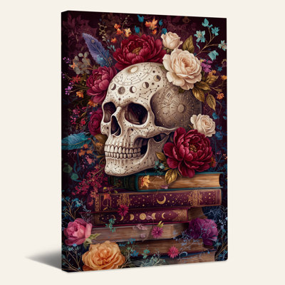 Art mural sur toile, crâne céleste sur livres rétro et phases de lune