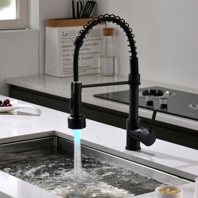 Robinet de cuisine noir avec douchette rétractable, DEL, poignée simple, fini teinture et saleté