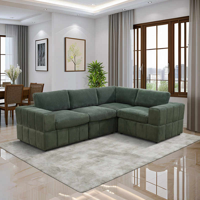 Canapé modulaire 4 pièces - Conception en L réversible, velours côtelé texturé, support à ressorts hélicoïdaux